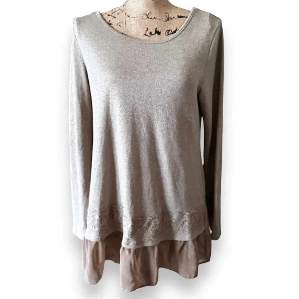 KORI AMERICA Women's Taupe/Tan Tunic With Chiffon‎ Trim Medium | EUC